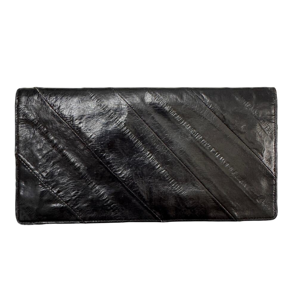 Vintage Handbag Black Genuine Eel Skin Leather Pockets Bifold Credit Card Wallet